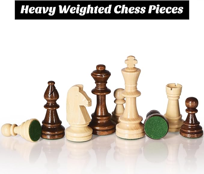 Vamslove Wooden Heavy Weighted Chess Pieces Only-3.8'' King-Extra 2 Queens-34 Wood Tournament Chessmen for Chess Set,Velvet Storage Bags Included