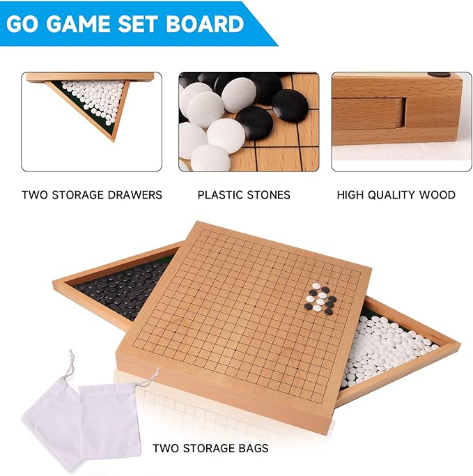 GSE Games & Sports Expert 12-Inches Wooden Go Board Game Set with Drawers, Wood Go Game Board Set with Plastic Stones, Classic Chinese Strategy Board Game