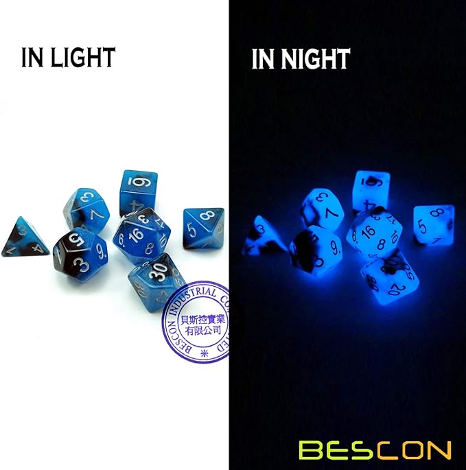 Bescon Two-Tone Glow-in-The-Dark Polyhedral Dice Set Blue Dawn, Luminous RPG Dice Set d4 d6 d8 d10 d12 d20 d% Brick Box Pack