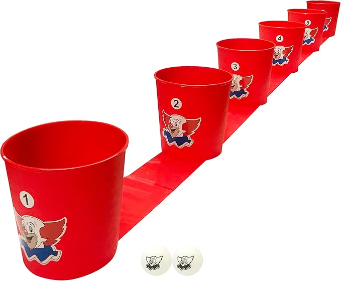 WARM FUZZY Toys Bozo The Clown Bucket Bonanza Grand Prize Game - Yard Games Pong Set with 6 Durable Buckets, 1 Vinyl Strip and 2 Balls, Cup Pong Throwing Game for Beach, Camping, Lawn and Backyard