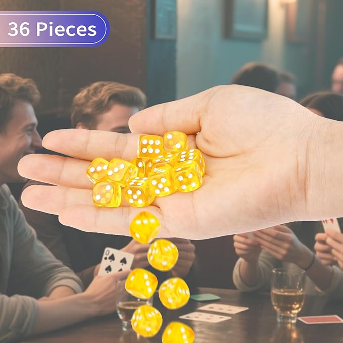 36 Pieces 12mm 6 Sided Mini Dice Set,Translucent Colors D6 Game Dice Set,6 Sided Standard Game Dice for Board Games Dice Games Classroom Teaching Dices Game,with Portable Gaming Box(Yellow)
