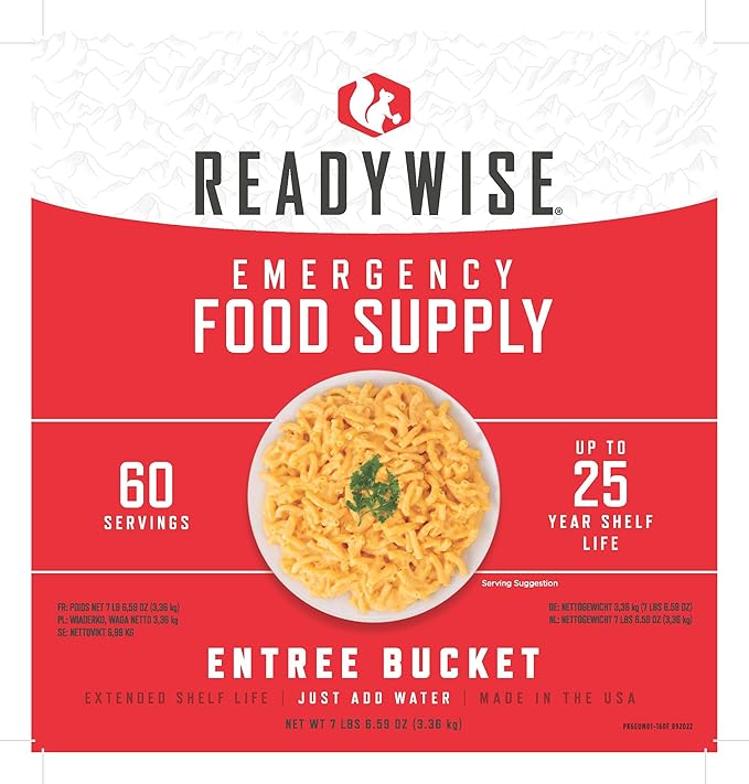 ReadyWise Entrée Bucket - 60 Servings, Emergency Food Supply for Survival Kit, Protein Meals, Freeze Dried Food, Ready to Eat Camping & Road Trip Essentials, up to 25 Year Shelf Stable Life