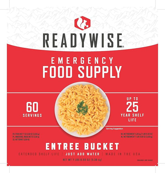 ReadyWise Entrée Bucket - 60 Servings, Emergency Food Supply for Survival Kit, Protein Meals, Freeze Dried Food, Ready to Eat Camping & Road Trip Essentials, up to 25 Year Shelf Stable Life