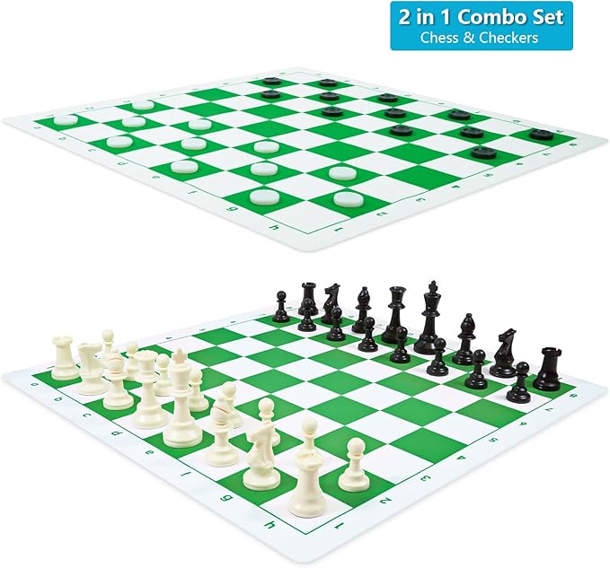 Travel Chess Set 20'' Silicone Chess Board-3.75'' King Height Plastic Chess Piece, Extra Queens & Storage Bag, 2 in 1 Portable Chess & Checker Board Games for Kids and Adults