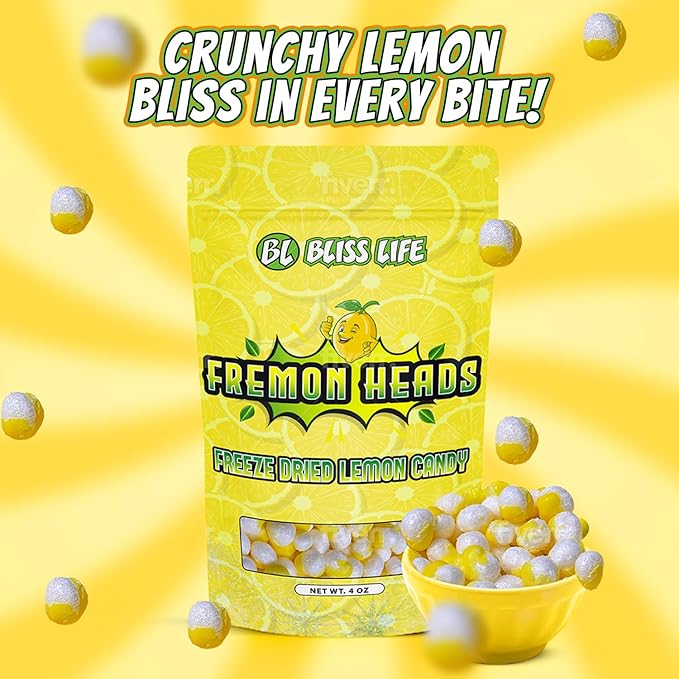 Fremon Heads Freeze Dried Lemon Fruit Candy from TikTok, ASMR Crunchy Candy, Sweet and Sour Kids Snacks, Unique Novelty Snack for Kids 4OZ
