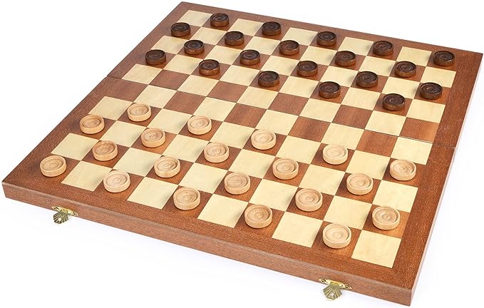 VAMSLOVE 15inch Checkers Folding Wooden Game Set, 100 Square Checkerboard International Checkers Draughts Board 10x10 for Kids with Pieces Storage Slots (Instructions Included)