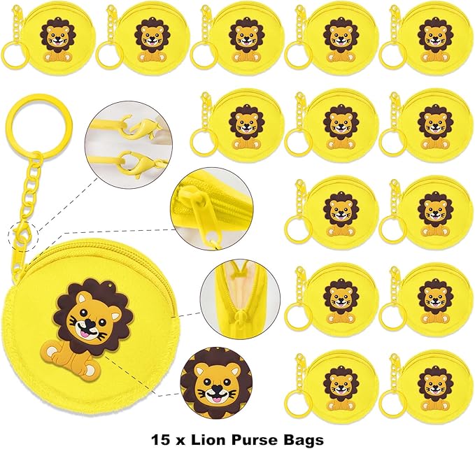 15 Pack Lion Mini Coin Purse with Keyrings for Lion Themed Goodie Bag Stuffer, Present for Lion Jungle Safari Animals Wild ONE Baby Shower Party Supplies,Yellow