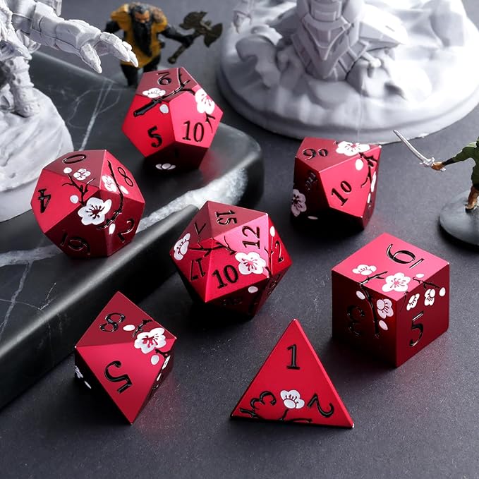 Matt Red DND Metal Dice, DNDND 7 PCS Heavy Metallic D&D Dice Set with Gorgeous Gift Case for Dungeons and Dragon Tabletop Game (Matte Red with White Flower)