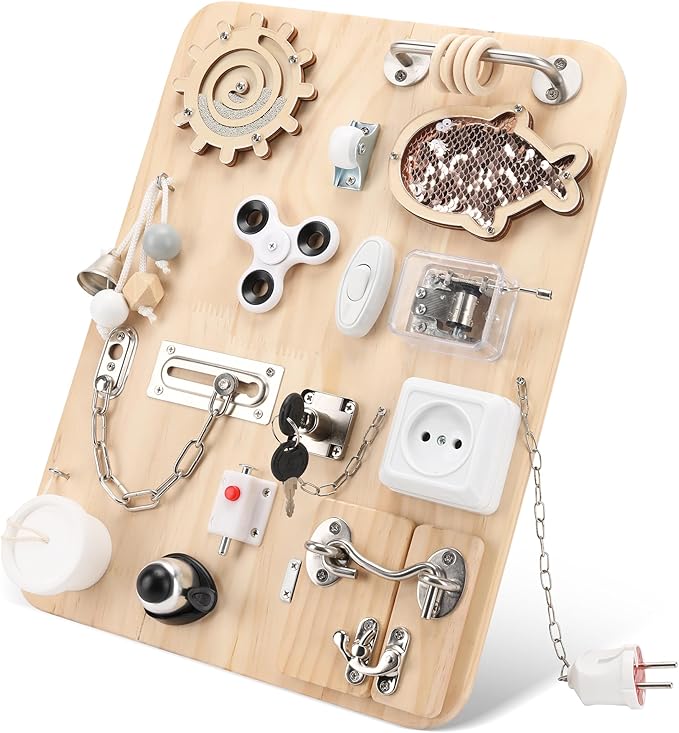 Wooden Montessori Busy Board for 1 2 3 4 Year Old, Montessori Sensory Activity Board Toys for Kids Toddler Baby Boys Girls, for Autism & ADHD Motor Skills