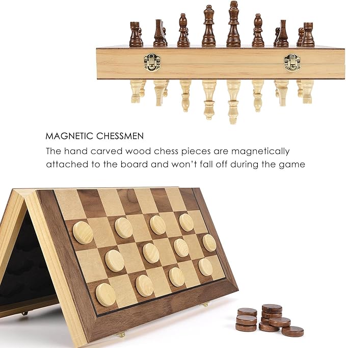AMEROUS 15'' Magnetic Wooden Chess & Checkers Game Set -2 Extra Queens -24 Cherkers Pieces - Chessmen Storage Slots, Beginner Chess Set for Kids and Adults, Classic 2 in 1 Board Games