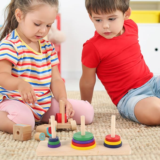 2 Pcs Wooden Tower of Hanoi Puzzle Game, Multi-Color Logic Toy for Adults and Kids, 7.48x3.54x4.72 Inch, Brain Teaser for Home Decor and Party Fun