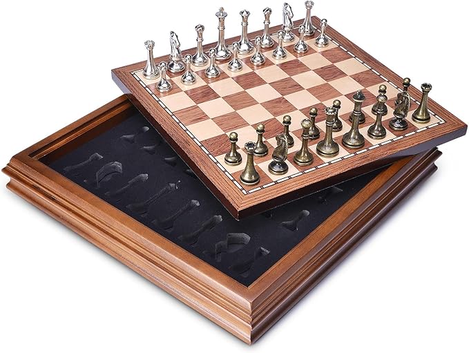 AMEROUS Wooden Chess Board Set with Pieces Storage for Adults Kids, 12.5 Inch Chess Set with Metal Pieces, Unique Chess Game for Tournament Professional Beginner