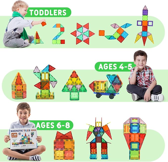 EchoPlan Magnetic Tiles, 130PCS Magnetic Blocks with 2 Cars, Magnet Tiles 3D Clear Building Blocks Set, STEM Sensory Educational Toys Gift for Toddlers Kids Boys 3 4 5 6 7 8 9+ Year Old