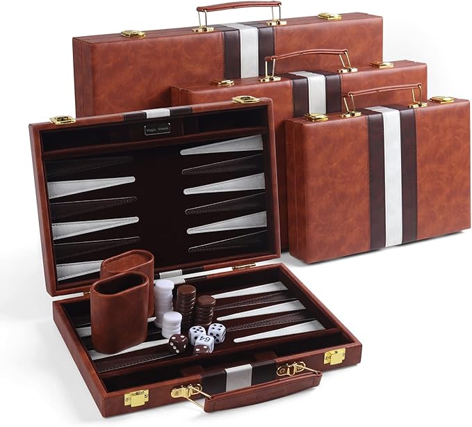 Travel Small 11 Inch Backgammon Set Classic Board Game with Leather Make Board Gift Package, Portable Strategy Game Set for Adults, Kids (Brown, Small)