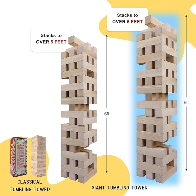 GOTHINK Giant Tumbling Tower Game, Super Large 51pcs Wooden Blocks Stacking Game, Stacking to Over 6 Feet, Jumbo Timber Blocks with Carry Bag, Jumbo Outdoor Indoor Game Toy Gift for Kids and Adults
