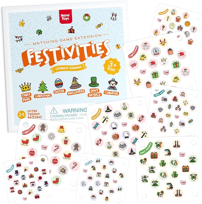 Nene Toys Festivities Memory Game Extension Set - 24 Additional Matching Cards for Christmas, Three Kings, Easter, Halloween, Carnival and More [Nene Toys Exclusive Size]