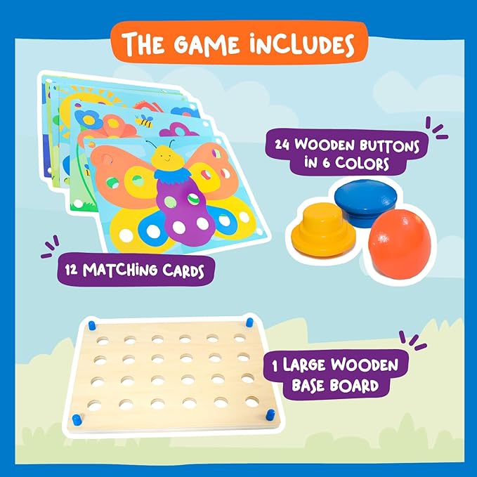Nene Toys Wooden Color Matching Puzzle for Toddlers 2+ Years – Montessori Pegboard Button Game with Wooden Nails & Cards – Educational Toy for 2 3 Year Old Boys Girls – Fine Motor Skill Learning