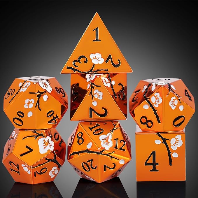 Orange Metal Dice D&D, DNDND 7 PCS Heavy Metallic DND Dice Set with Gorgeous Gift Case for Dungeons and Dragon Tabletop Game (Orange with White Flowers)