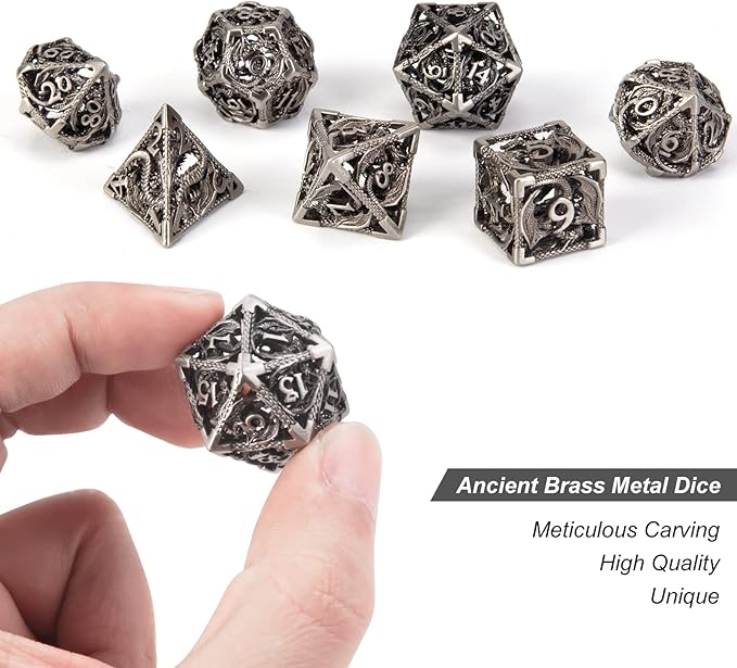 DND Dice,Hollow D&D Metal Dice,Dungeons and Dragons Dice Set with Gift Box,7 PCs Steampunk Polyhedral Dice Games Set for RPG,MTG,Pathfinder,(Dragon Ancient Silver)