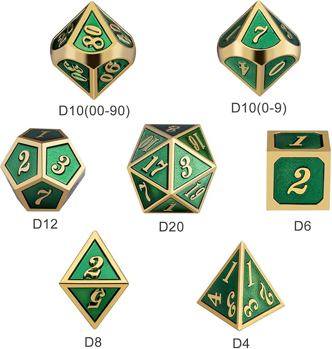 Metal Dice Set D&D, DNDND 7 Die Green DND Dice with Metal Case for Dungeons and Dragons Role Playing Game and Tabletop Games (Gold Number with Enamel Green)