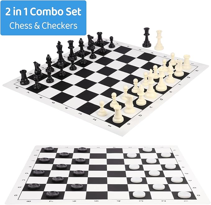 Travel Chess Set 20'' Silicone Chess Board-3.75'' King Height Plastic Chess Piece, Extra Queens & Storage Bag, 2 in 1 Portable Chess & Checker Board Games for Kids and Adults