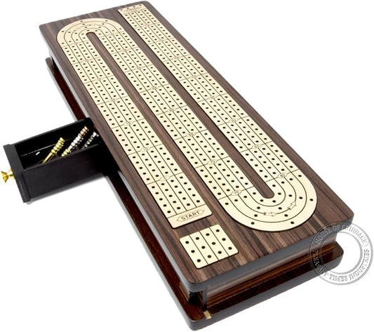 Continuous Cribbage Board Inlaid 4 Tracks Rosewood/Maple with Sliding Lids and Drawer