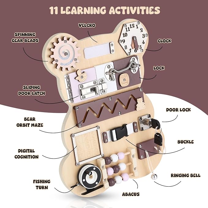 Busy Board Bear for Toddlers 1-3, Montessori Sensory Board - Busy Boards, Montessori Toys for Kid’s Development with 11 Activities: Numbers, Keys, Locks, Latches, Zipper, and Velcro