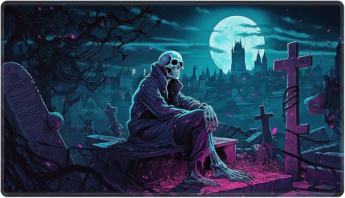 Playmat 24" x 14" Game Mats Tabletop Magic for MTG/TCG Cards, Trading Card Game Playing Stitched Play Mats Commander Deck Gaming Desk Mat Card Gameplay Mats, Halloween Night Skeleton