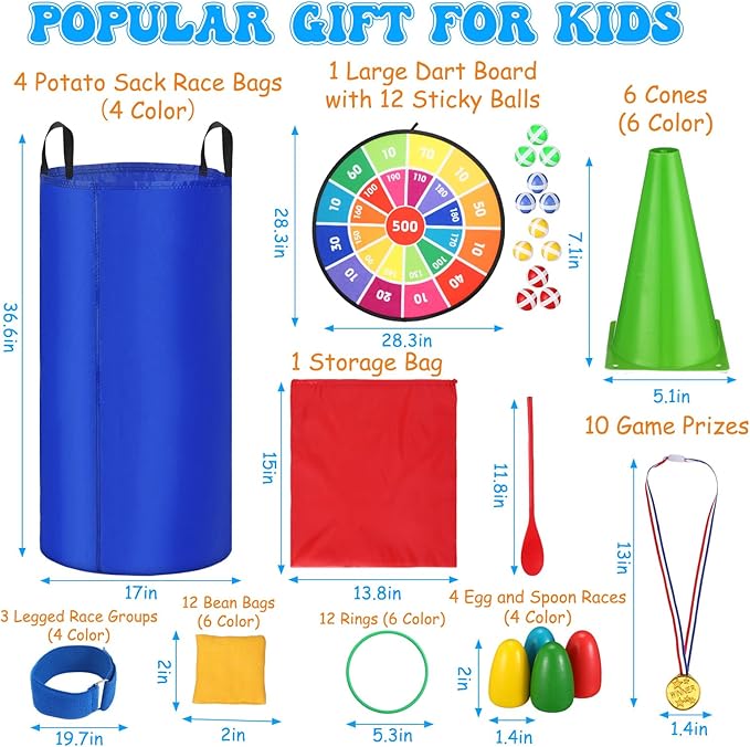 Libima 72 Pcs Carnival Games Set Potato Sack Race Bags Dart Board with Sticky Balls Bean Bag Toss Rings Egg Spoon Race 3 Legged Bands Game Outdoor Birthday Party Field Day Activity for Boy Girl Adult