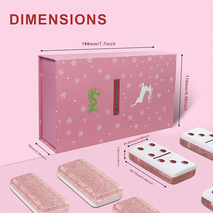 Dominoes Set for Adults, Double 6 Dominos Game Set with 28 Domino Tiles Double with Upscale Gift Boxes -7 Polyhedral Dice -Classic Board Games (Light Pink)
