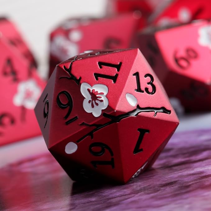 Matt Red DND Metal Dice, DNDND 7 PCS Heavy Metallic D&D Dice Set with Gorgeous Gift Case for Dungeons and Dragon Tabletop Game (Matte Red with White Flower)