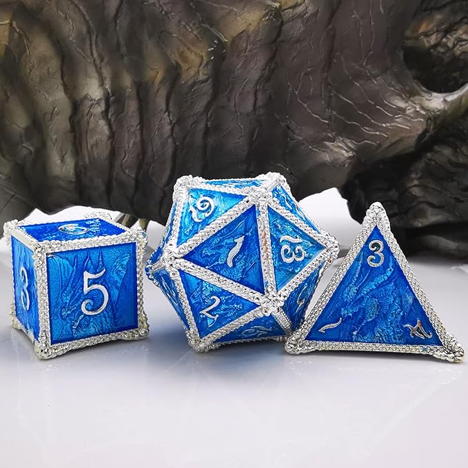 HAOMEJA Metal Dragon Dice Set DND 7 Set Dice Role Playing Dice D&D Dungeons and Dragons (Silver Blue)