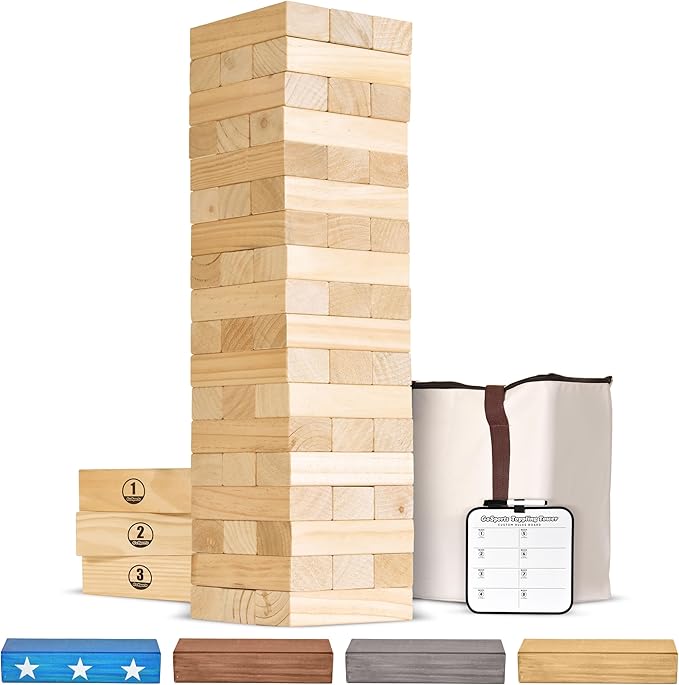 GoSports Giant Wooden Stacking Game - Stacks Up to 5 ft - Choose Brown Wood Stain, Gray, Natural, Stars & Stripes, or Tropical Hardwood - Toppling Tower