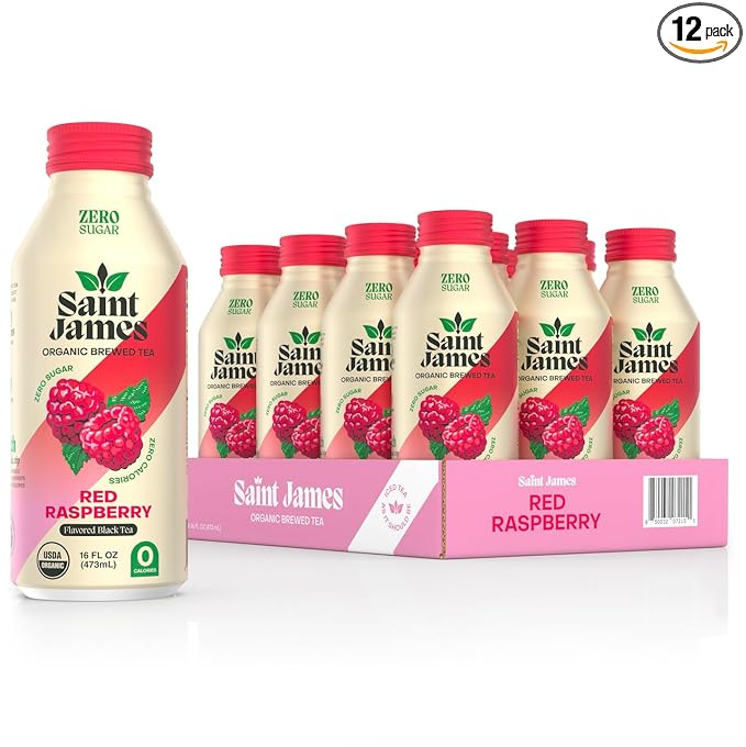 Saint James Iced Tea - Organic Black Tea - Non-GMO, Gluten Free, Zero Calorie, Zero Sugar - Red Raspberry, 12 Pack (16 fl oz each)