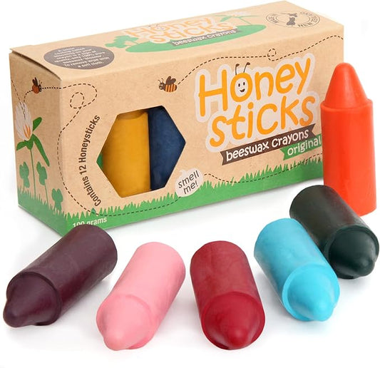 Honeysticks 100% Pure Beeswax Crayons (12 Pack) - Non Toxic Crayons, Safe for Babies and Toddlers, for 1 Year Plus, Handmade in New Zealand with Natural Beeswax, Food-Grade Colors, Eco-Friendly