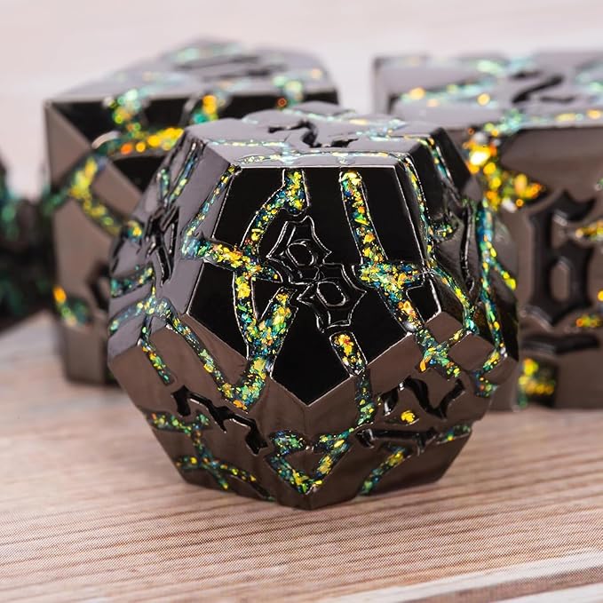 7PCS DND Dice Set,Metalli Crack Stripe Dice Set with Gift BOC,Dungeons and Dragons Polyhedral Metal Dice for RPG Board Games (Black Nickel Yellow)