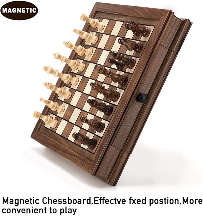 AMEROUS Magnetic Wooden Chess Set, 12.8" x 12.8" Walnut Chess Board Game with 2 Built-in Storage Drawers - 2 Bonus Extra Queens - Chess for Beginner, Kids and Adults, Gift Packaging
