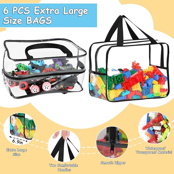 6 Packs Extra Large Toy Storage Bags 12.6×9.25×6.9In with Labels, Reusable Clear PVC Board Game Storage, Travel Waterproof Organizer Bags with Zipper for Building Blocks, Puzzle, Stuffed Animals