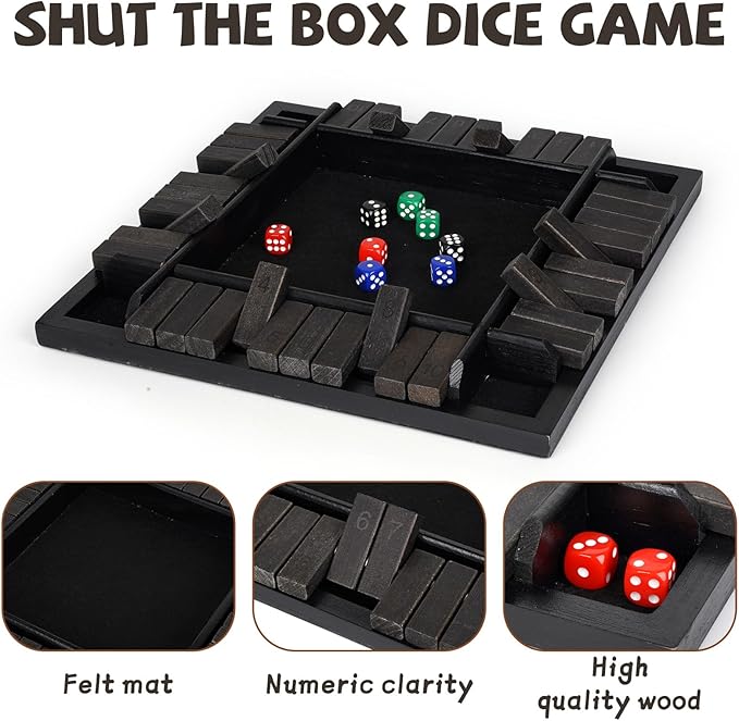Agirlgle 12 Inches Shut The Box Dice Game, 1-4 Players Wooden Family Board Math Game with 12 Dice ，Strategy Dice Game for Adults Classic Tabletop Educational Game for Family, Classroom, Home or Pub