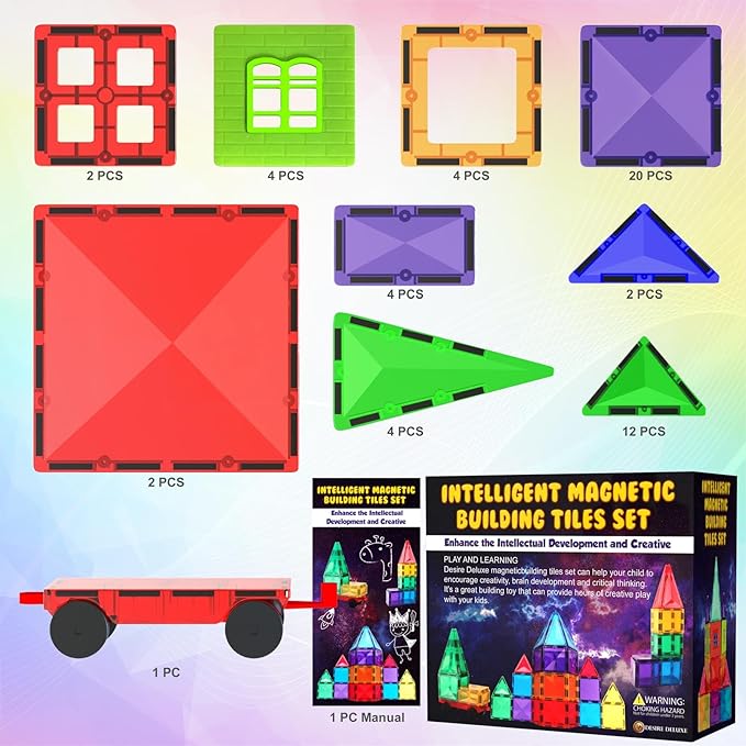 Magnetic Tiles Building Blocks Toy - STEM Educational Magnet Set for Kids, Creativity Preschool Learning Sensory Montessori Toddler Toys for Boys & Girls 3+ Years Old - 57PC