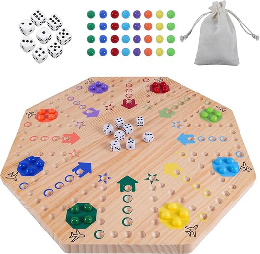 Original Marble Game Wahoo Board Game Double Sided Painted Wooden Fast Track Board Game for 8 Players 8 Colors 30 Marbles 8 Dice for Family Friends (8log)