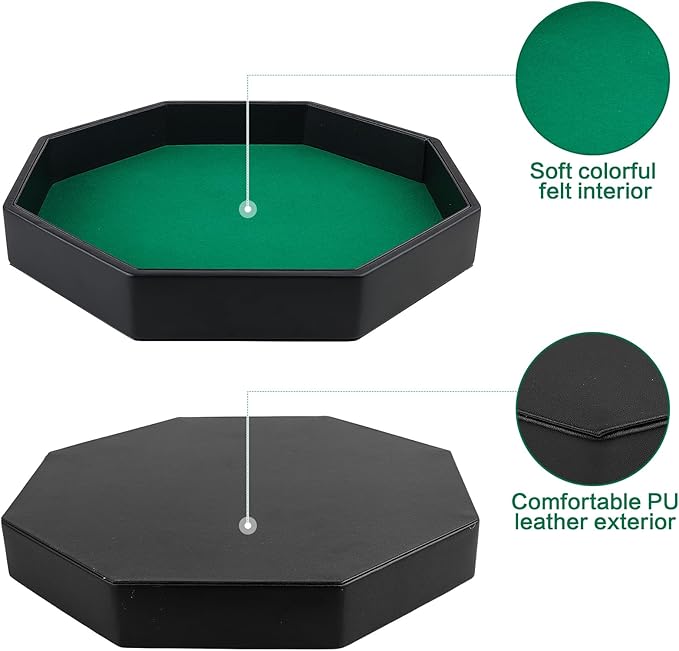 Dice Rolling Tray, Green Felt Lined PU Leather Octagon Dice Tray for Dungeon Crawler Games
