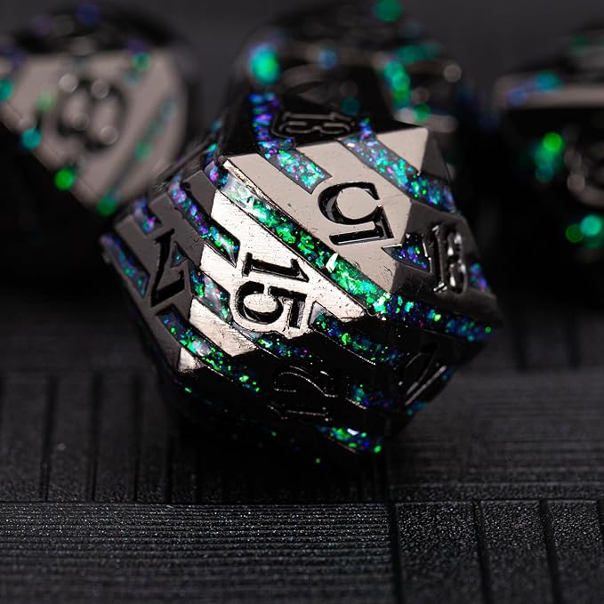 Metal Stripe Dice,Solid Metallic Glitter Stripes DND Dice with Gift Metal Box for Dungeons and Dragons Tabletop Game (Black Nickel Dark Green)