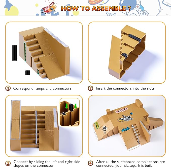 Fingerboard Skate Park Kit - Finger Skateboard Ramp Set with 8 Skatepark Deck Ramp and 4 Finger Skateboards, Astronaut Customization Fingerboard Skatepark for Boys Girls Gift