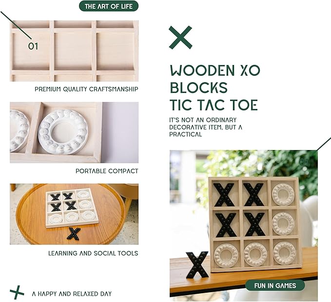 GENMOUS Wooden Tic Tac Toe Game Board for Seniors Family Indoor Game, 10.6 Inch White Rustic Giant Tic Tac Toe Coffee Table Decor, Tic Tac Toe Board Game Fun for Family Travel Outdoor Game Room Decor