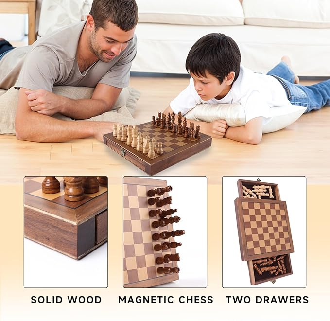 GSE Games & Sports Expert 10" Magnetic Chess Set, Wooden Chess Board Game Set with Drawers, Classic Portable Travel Board Game for Kids & Adults