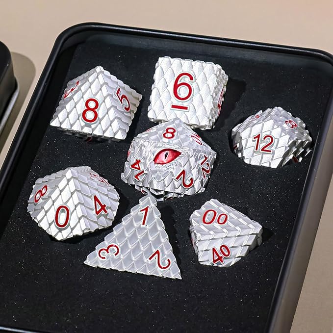 Metal Dice Set D&D,7 PCS Dragon Scale Metallic DND Dice Set,Dragon Eye Metal Dice with Gift Metal Box for Dungeons and Dragon Tabletop Game (White Dragon Scale & Red Eye)
