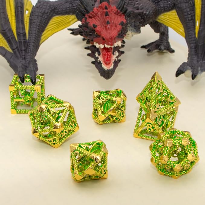 DND Dice,HNCCESG Metal D&D Dice of 7pc,Dungeons and Dragons Dice Set Polyhedral Dice Role Playing Dice Set Hollow Dice Gaming D D Gift for Table Game RPG Shadowrun (Gilt Green)