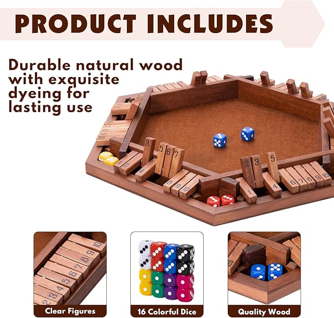 Shut The Box Wood Board Game,2-6 Player Puzzle Game, 16 Dice Educational and Entertaining Classic Tabletop Math Game for Kids
