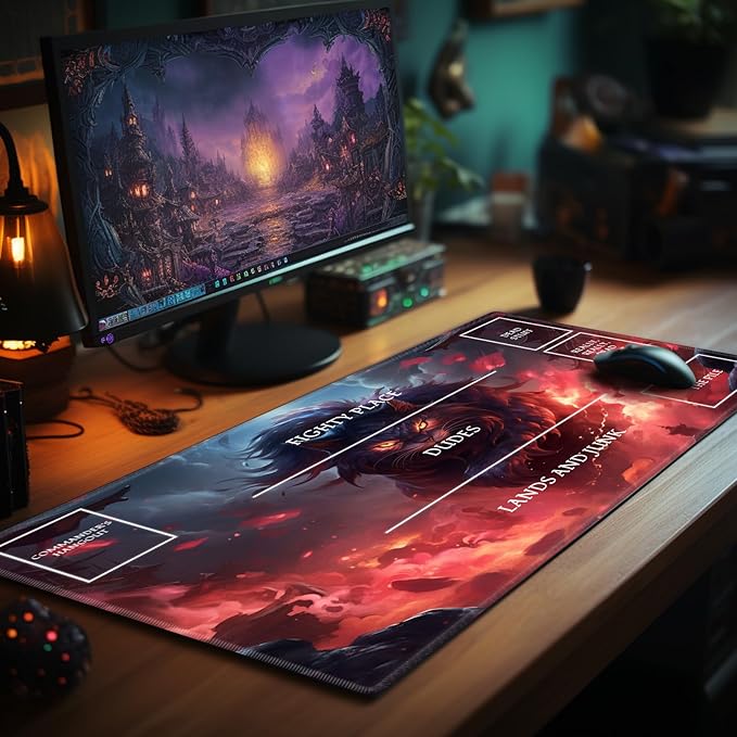 Playmat with Zones for MTG Card Game Playing, Game Mats Tabletop Magic Play Mat 24"x14" Commander Deck Gaming Desk Duel Mat Card Gameplay Mats for Beginner, Cat Demon
